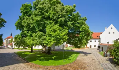 an aerial view of a white house with trees at Monastery Hotel in Prague