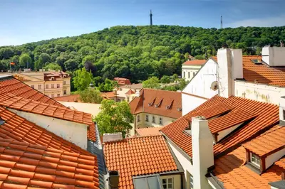 a view of roofs of buildings and a mountain at Red Lion Hotel in Prague