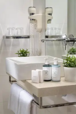a bathroom with a sink and two bottles of soap at Bishop's House in Prague