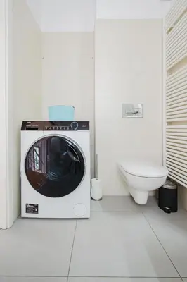 a washing machine in a bathroom with a toilet at Prague Days - Two-bedroom Loft with 3 Terraces and Parking in Hip Žižkov in Prague