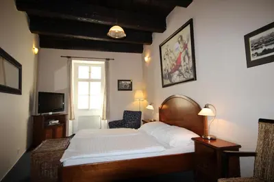 a hotel room with a bed and a television at U Tří Bubnů in Prague
