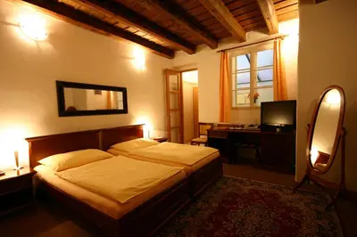 a bedroom with a bed and a desk and a mirror at U Tří Bubnů in Prague