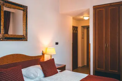 a bedroom with a bed and a mirror on the wall at Hotel Ariston Prague in Prague
