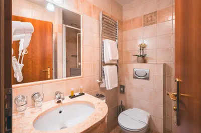 a bathroom with a sink and a toilet at Hotel Ariston Prague in Prague