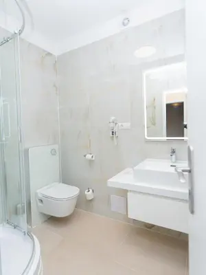 a white bathroom with a toilet and a sink at Hotel Tulipan Pruhonice in Pruhonice