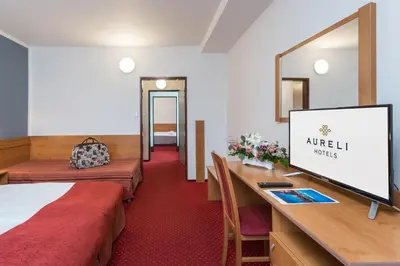 a hotel room with a bed and a desk with a monitor at Hotel Globus in Prague