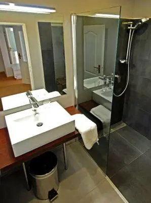a bathroom with a sink and a shower at U Stare Pani - At the Old Lady Hotel in Prague