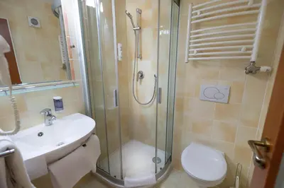 a bathroom with a shower and a sink and a toilet at Hotel Petr in Prague