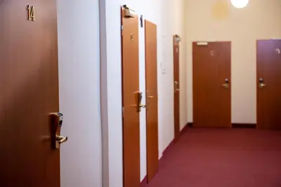 a row of doors in a hallway with red carpet at Hotel Petr in Prague