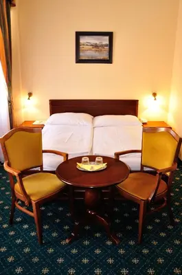 a hotel room with a bed and a table and chairs at Hotel Certovka in Prague