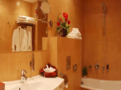 a bathroom with a sink and a mirror and a tub at EA Hotel Sonata in Prague