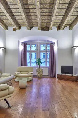 a living room with two couches and a television at Hotel U 3 Pstrosu in Prague