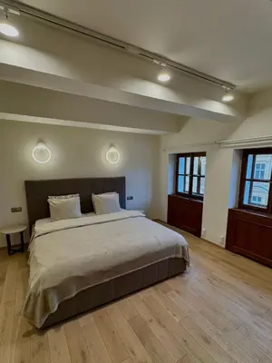 a large bedroom with a large bed and two windows at Hotel U 3 Pstrosu in Prague
