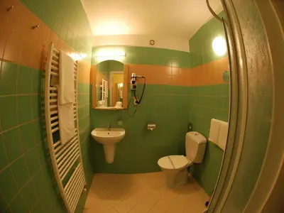 a green bathroom with a toilet and a sink at EA Hotel Tosca in Prague