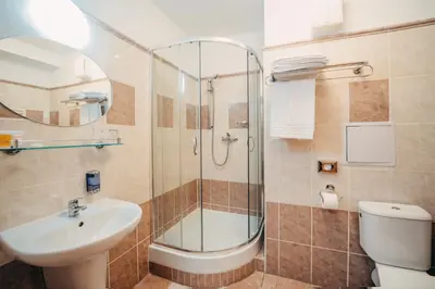 a bathroom with a shower and a sink and a toilet at COLORFACTORY SPA Hotel - Czech Leading Hotels in Prague