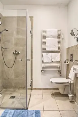 a bathroom with a shower and a toilet and a sink at Residence Karolina in Prague
