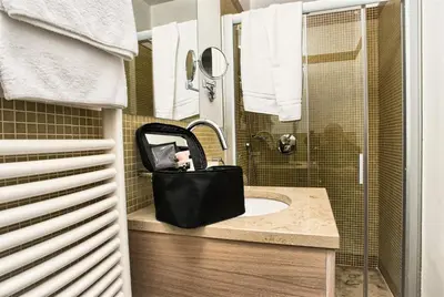 a bathroom with a sink with a black purse on it at Residence Karolina in Prague