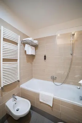 a bathroom with a tub and a toilet and a sink at Hotel Assenzio Prague in Prague