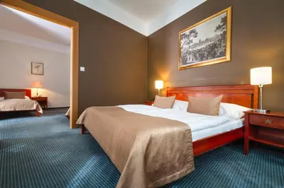 a hotel room with a large bed in a room at Hotel Harmony in Prague