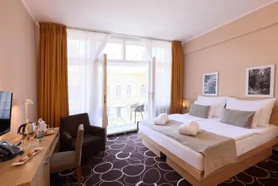 a hotel room with a large bed and a desk at Amarilis in Prague