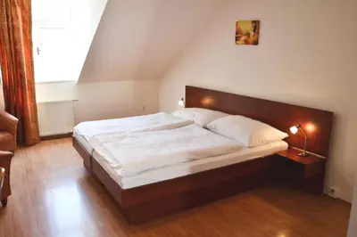 a bedroom with a large bed with a wooden headboard at Apart Hotel Susa in Prague