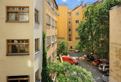 a view of a parking lot from a building at Residence BENE in Prague