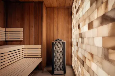 a sauna with two benches and a heater at Congress & Wellness Hotel Olsanka in Prague