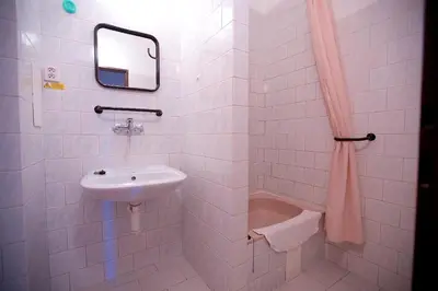 a white bathroom with a sink and a mirror at Hotel Olga in Prague
