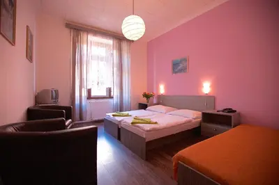 a bedroom with a bed and a pink wall at Hotel Olga in Prague
