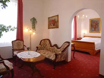 a hotel room with a bed and a table and chairs at Hotel Opera in Prague