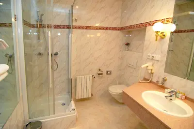 a bathroom with a shower and a sink and a toilet at Hotel Opera in Prague