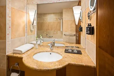 a bathroom with a sink and a shower at Lindner Hotel Prague Castle, part of JdV by Hyatt in Prague