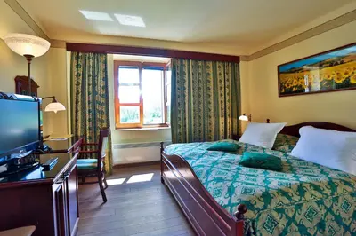 a hotel room with a bed and a television at Romantic Hotel Mlýn Karlstejn in Karlštejn