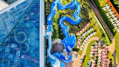 an overhead view of a model of a water park at Aquapalace Hotel Prague in Čestlice