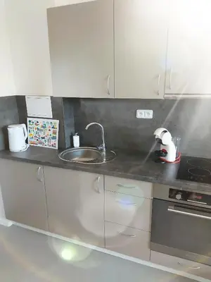 a kitchen counter with a sink and a stove at Apartmán Tony Slapy in Slapy