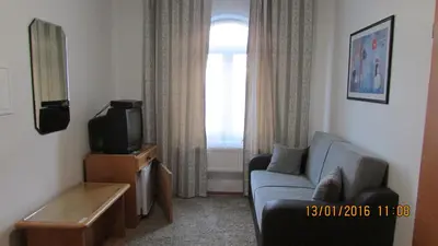 a living room with a couch and a tv at Villa Jinonice in Prague