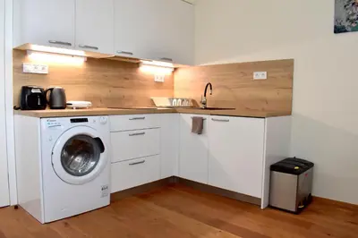 a kitchen with a washing machine and a sink at Airstay Prague apartment: Grebovka in Prague