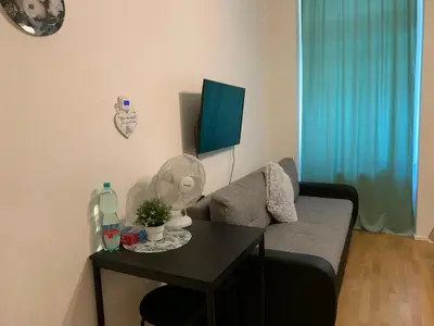 a living room with a couch and a table with a fan at Charles Square Prague Apartment in Prague