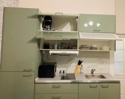 a small kitchen with a sink and a counter at Charles Square Prague Apartment in Prague