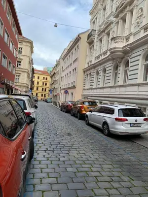 a cobblestone street with cars parked on it at Charles Square Prague Apartment in Prague