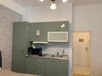 a kitchen with green cabinets and a sink at Charles Square Prague Apartment in Prague
