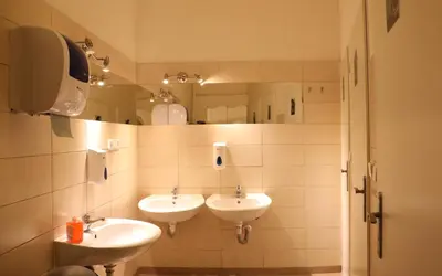 a bathroom with two sinks and a mirror at Onefam Home in Prague