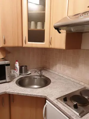 a kitchen counter with a sink and a microwave at Apartmany Chodov in Prague
