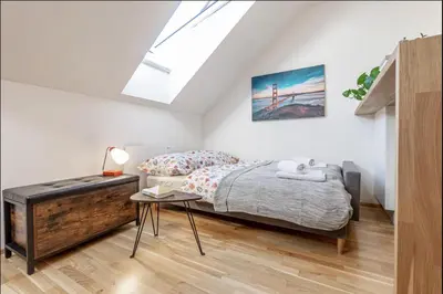 a bedroom with a bed and a skylight at Minimalist's Dream - sunny cozy studio in New Town in Prague
