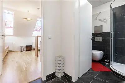 a bathroom with a shower and a toilet at Minimalist's Dream - sunny cozy studio in New Town in Prague