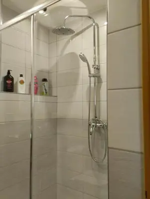 a shower with a glass door in a bathroom at Malé útulné studio s koupelnou a kuchyňkou in Svinařov