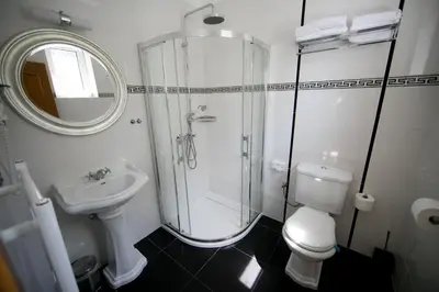 a bathroom with a shower and a toilet and a sink at Hotel Golfi in Poděbrady