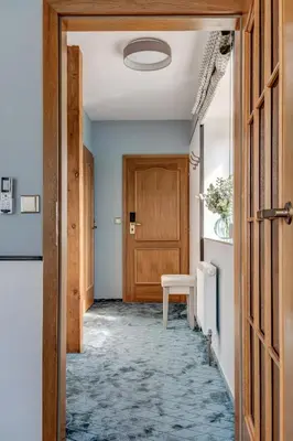 a hallway with a wooden door and a chair at Hotel Golfi in Poděbrady