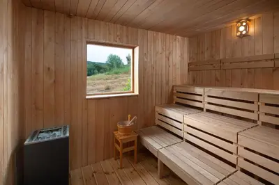 a sauna with two benches and a window at Smilovický Mlýn in Rakovník