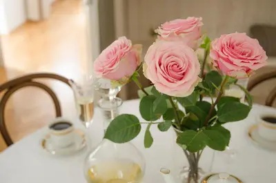 a vase filled with pink roses on a table at Wishlist Prague Residences - Charles Bridge Karlova in Prague